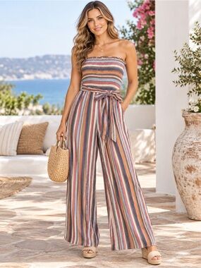 Altar'd State Strapless Smocked Bodice Striped Wide Leg Jumpsuit - Medium